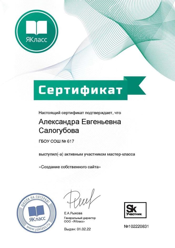 2021-2022 Салогубова А.Е. (Сертификат ЯКласс создание сайта)